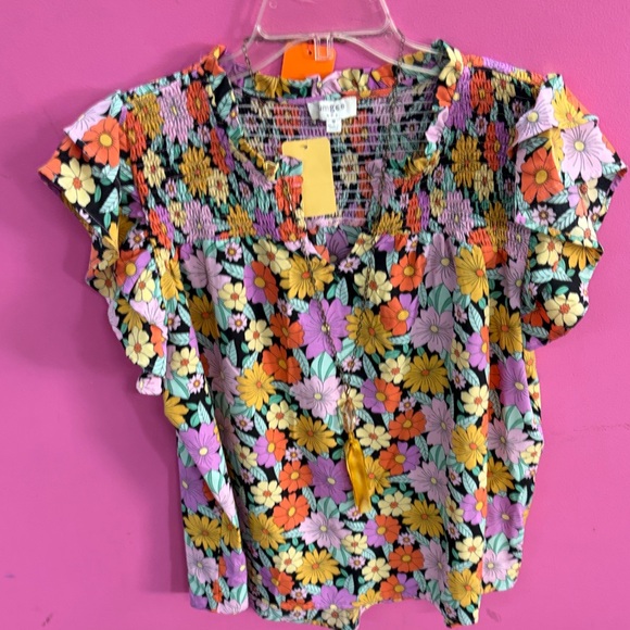 Umgee Tops - Umgee Multi-Color Floral Smocked Ruffle Sleeve Blouse